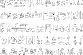 Viele piktogramm-artige Grafiken stehen über und untereinander und zeigen Alltagsbegriffe wie Kleidung, eine Feuerwehr und Hygieneartikel als Bilder.