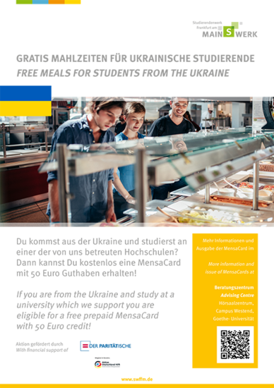 Flyer mit einem Bild, auf dem Studierende zu sehen sind, die in einer Mensa an einer Essenausgabe stehen. Dazu Text: Gratis Mahlzeiten für ukrainische Studierende. 