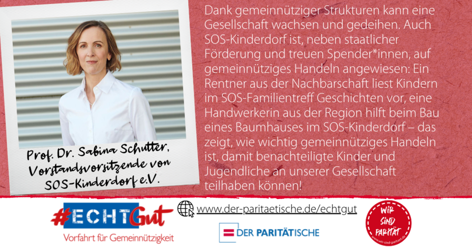 Zitat und Foto von Prof. Dr. Sabina Schutter, Vorstandsvorsitzende von SOS-Kinderdorf e.V.