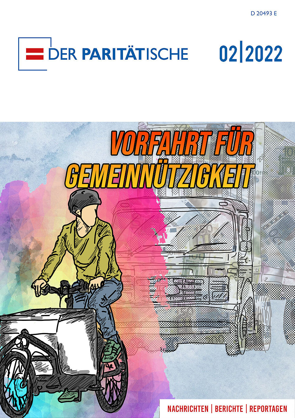 Ein Magazicover, auf dem seht "Der Paritätische 02/2022" und "Vorfahrt für Gemeinnützigkeit" und dazu eine Straßeszene: Jemand fährt ein Lastenrand, dahinter ein riesiger LKW, der mit Geldscheinen bedruckt ist. 