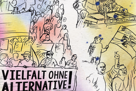 Zeichnung mit Demonstrant*innen, die ein Banner mit der Aufschrift "Vielfalt ohne Alternative" halten