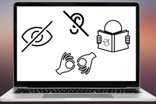 Laptop-Monitor mit Icons, die blind, gehörlos, Gebärdensprache und leicht zu lesen symbolisieren