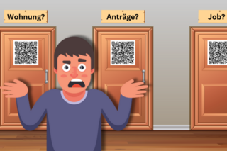 Mensch steht vor verschlossenen Türen für verschiedene Anliegen. Auf den Türen gibt es nur QR-Codes