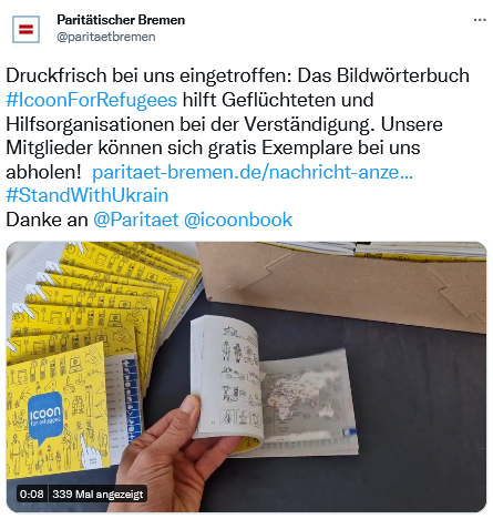 Screenshot eines Twitter-Postings des Paritätischen Bremen, in welchem ein Heft mit Kommunikationshilfe-Bildern durchgeblättert wird.