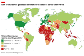 Eine Weltkarte zeigt den Zeitpunkt der weitreichenden Verfügbarkeit von Coronaimpfungen je Land: Für die meisten Länder des Südens reicht es erst viel später.