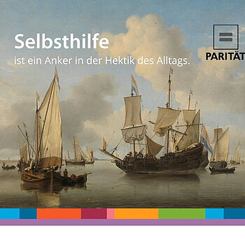 Ein altes Gemälde mit Segelschiffen, dazu der Spruch: Selbsthilfe ist ein Anker in der Hektik des Alltags